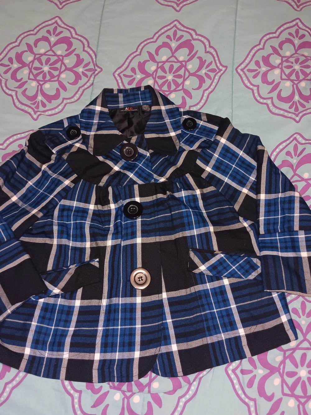 At The Classic 🍑 Plaid Blue Double-Breasted Blazer Jacket